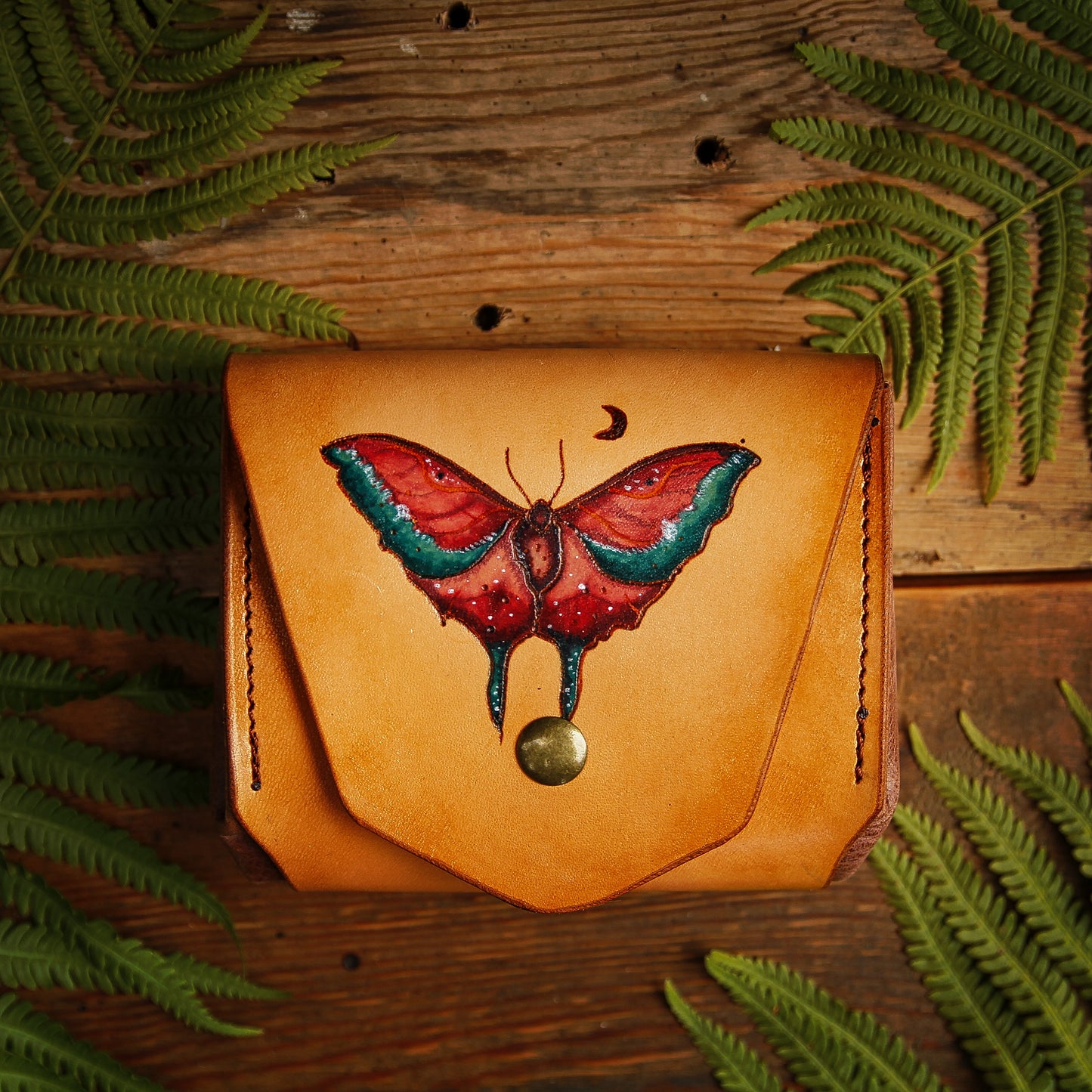 Luna plånbok "röd Luna moth", läderplånbok