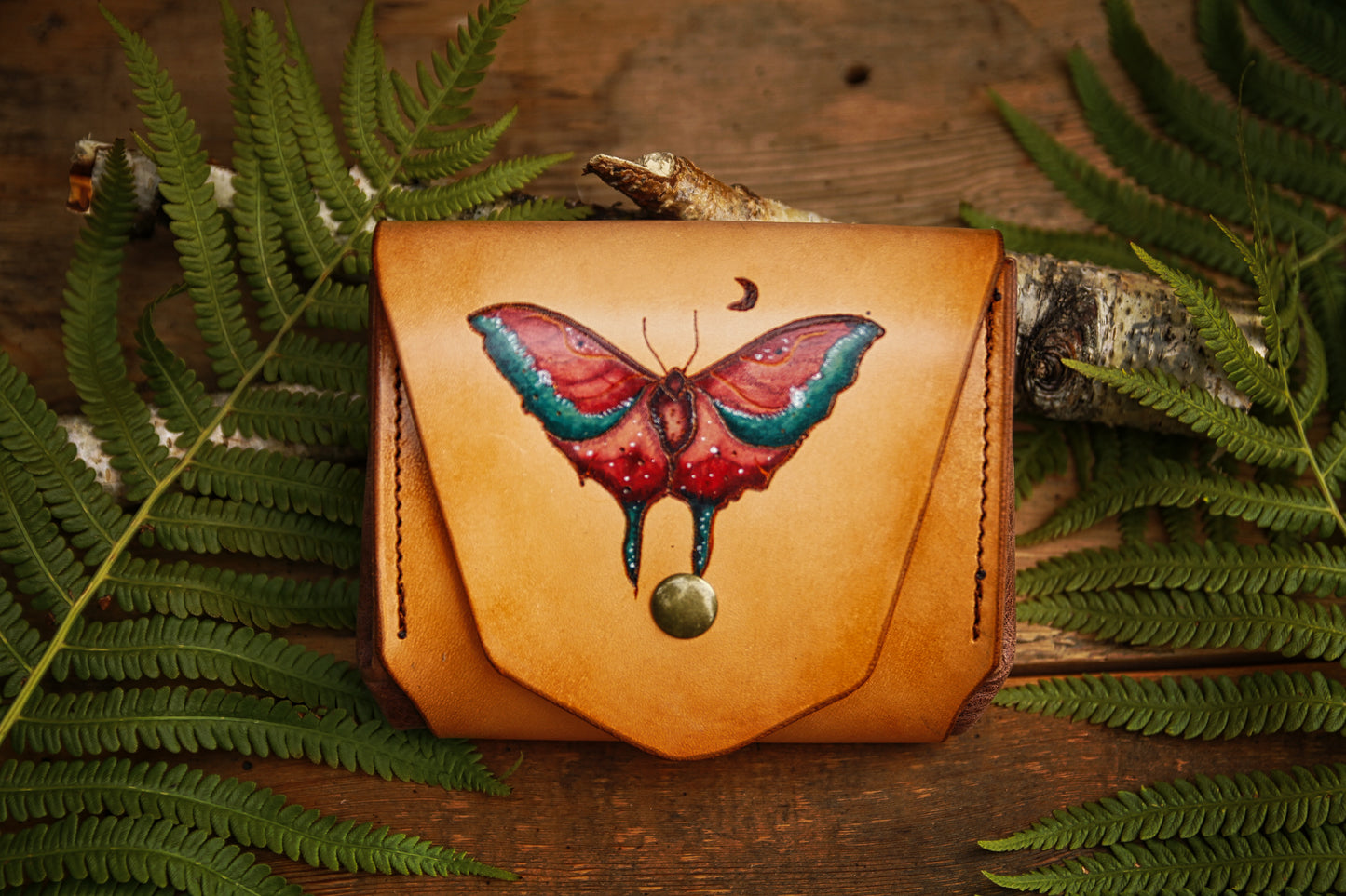 Luna plånbok "röd Luna moth", läderplånbok