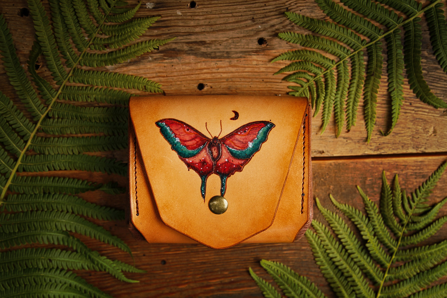 Luna plånbok "röd Luna moth", läderplånbok
