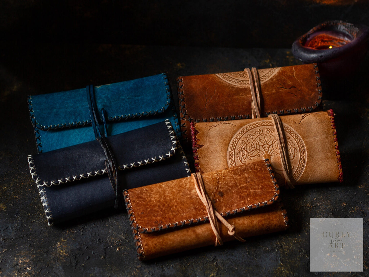 Handmade leather tobacco pouch with Yggdrasil – the world tree of Norse mythology