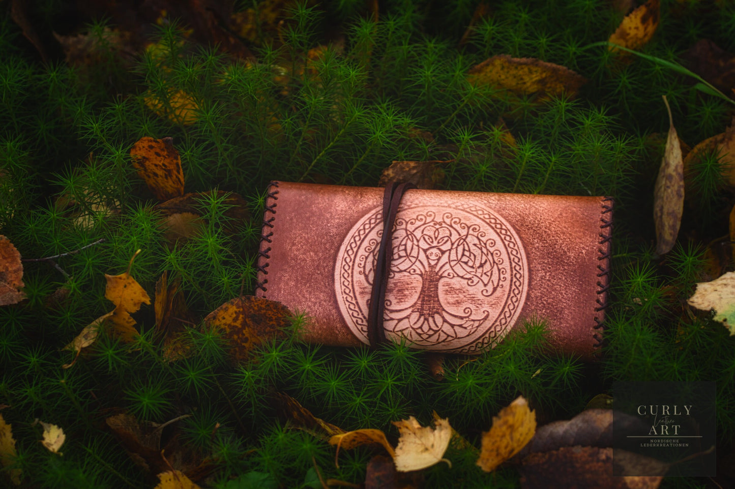 Handmade leather tobacco pouch with Yggdrasil – the world tree of Norse mythology