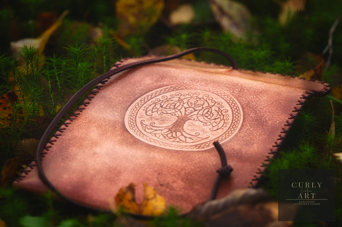 Handmade leather tobacco pouch with Yggdrasil – the world tree of Norse mythology