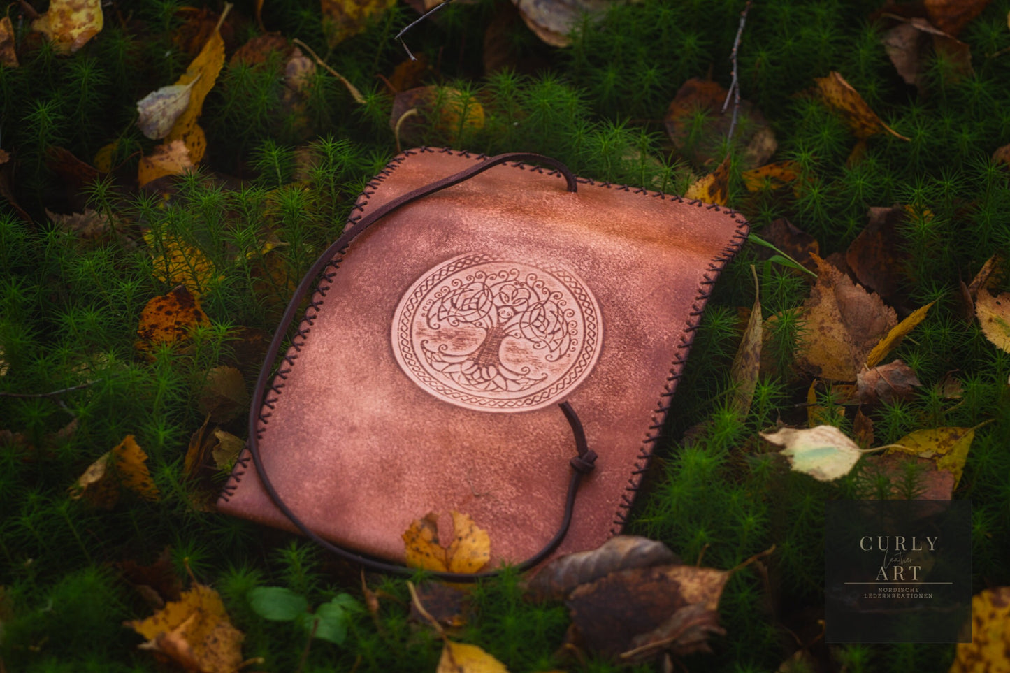 Handmade leather tobacco pouch with Yggdrasil – the world tree of Norse mythology