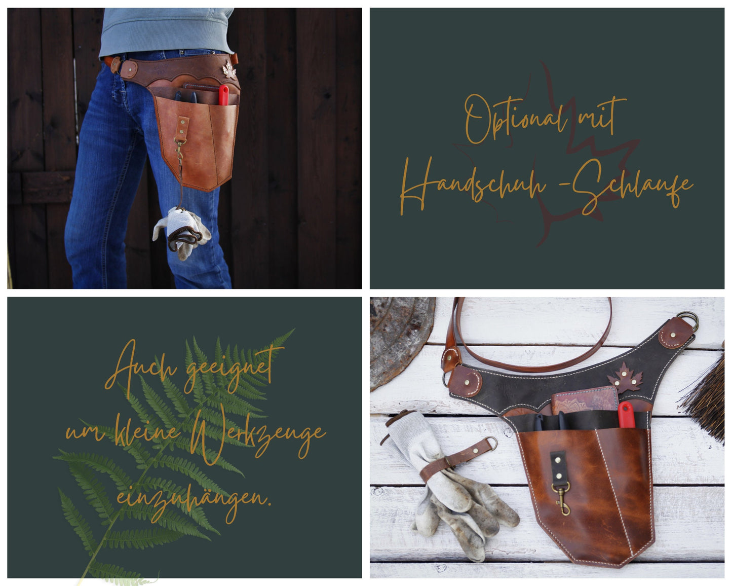 Handgemachter Gartenwerkzeuggürtel aus Leder für Rechtshänder – langlebig & praktisch.