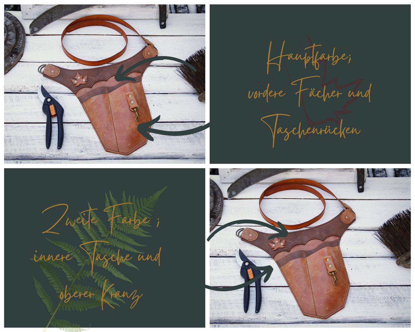 Handgemachter Gartenwerkzeuggürtel aus Leder für Rechtshänder – langlebig & praktisch.