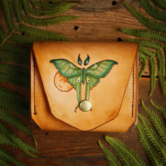 Liten Luna-plånbok "Green Luna Moth", läderplånbok