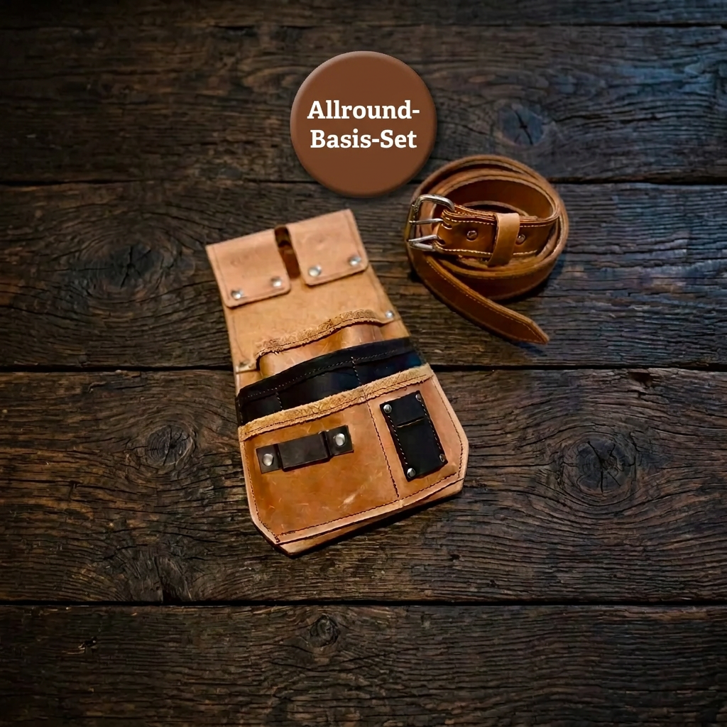 Allround-Basis-Set mit brauner Leder-Werkzeugtasche, schwarzen Fächern und aufgerolltem Arbeitsgürtel auf dunklem Holz