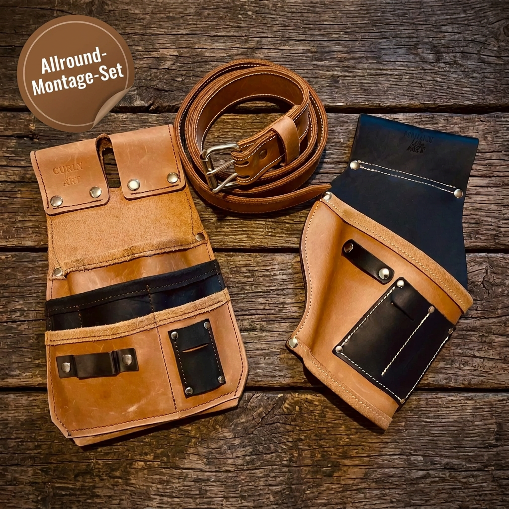 Allround-Montage-Set aus Leder mit hellbrauner Werkzeugtasche, passendem Arbeitsgürtel und Akkuschrauberhalter auf rustikalem Holz