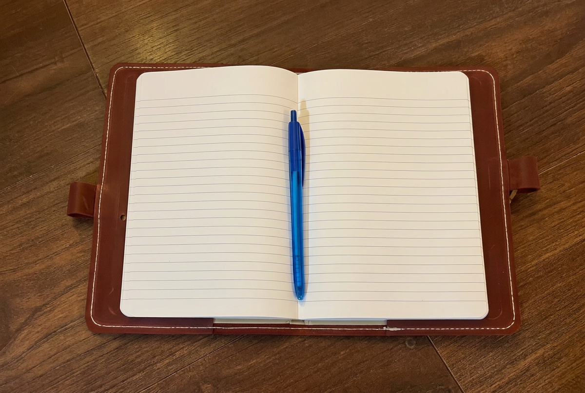 Aufgeschlagenes liniertes A5-Notizbuch in brauner Lederhülle mit blauem Stift