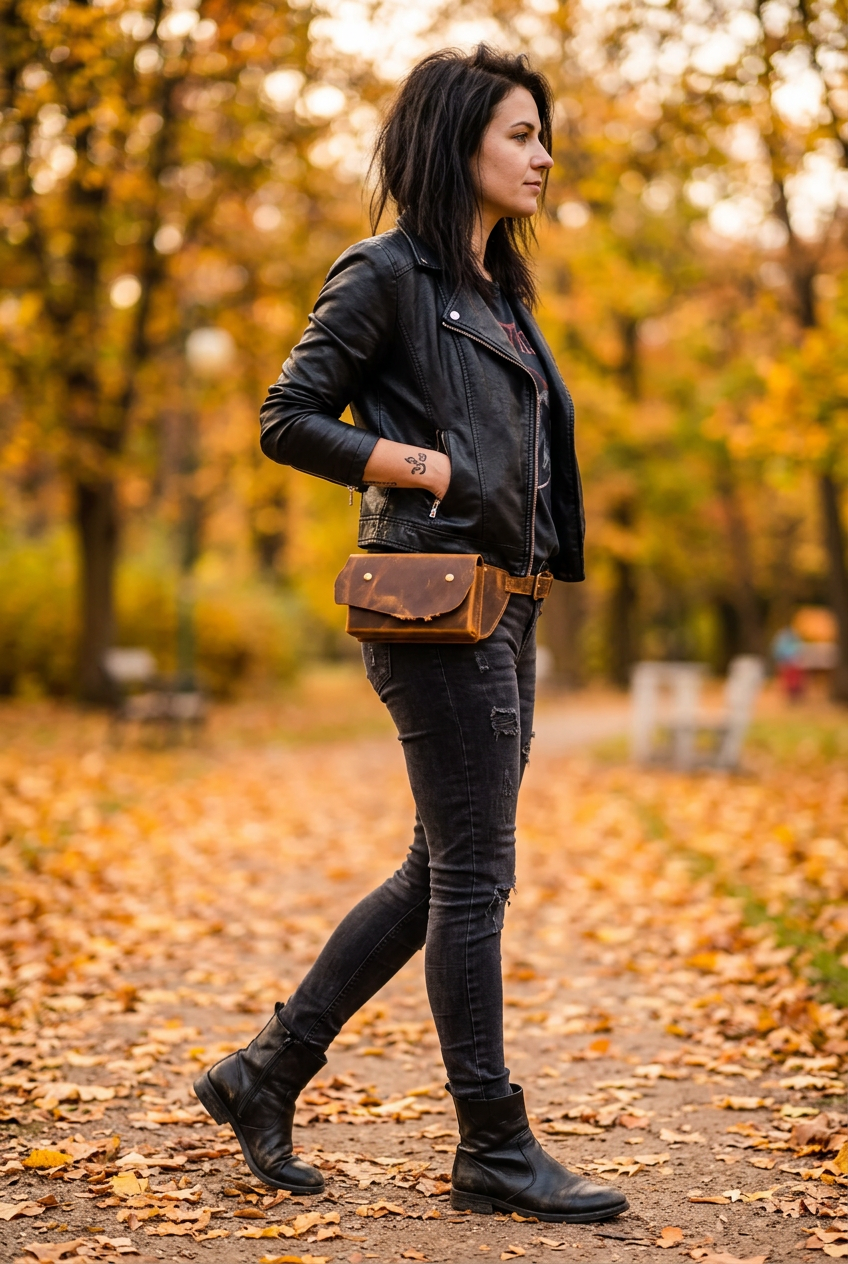 Braune Leder-Bauchtasche mit wilder Klappe, von einer Frau an der Hüfte auf einem herbstlichen Waldweg getragen.