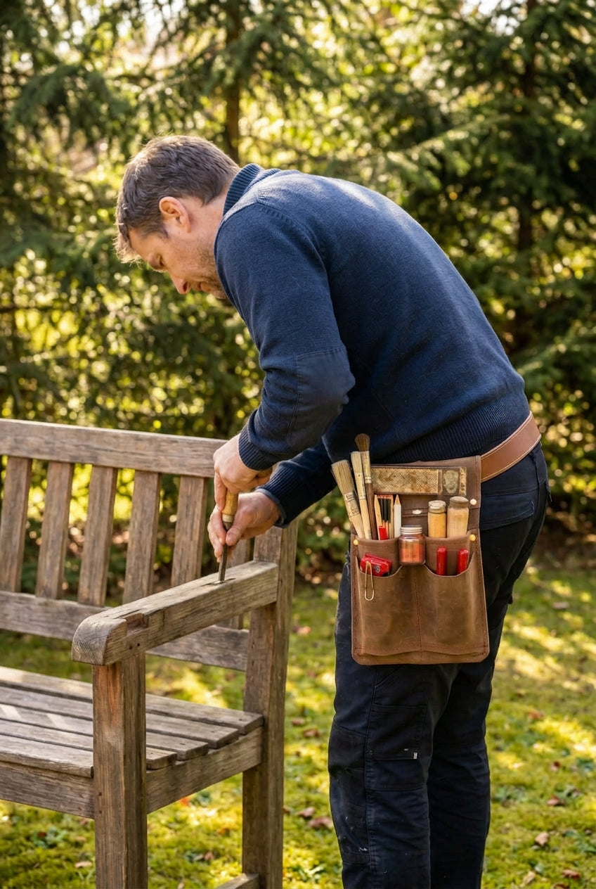 Werkzeuggürtel für Handwerk“. Treffender wäre „Handwerker trägt eine braune Leder-Werkzeugtasche bei der Arbeit an einer Holzbank