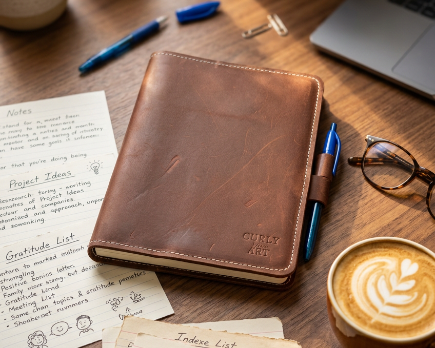 Braune Notizbuchhülle aus Leder A5 mit Stiftverschluss auf einem Schreibtisch neben Notizen und Kaffee