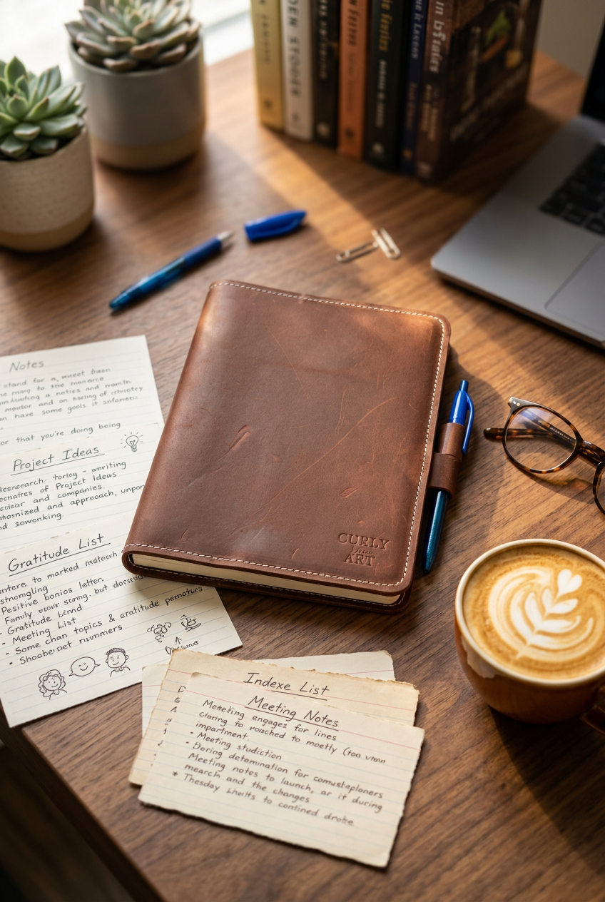 Braune Notizbuchhülle aus Leder A5 mit Stiftverschluss auf einem Schreibtisch neben Notizen und Kaffee