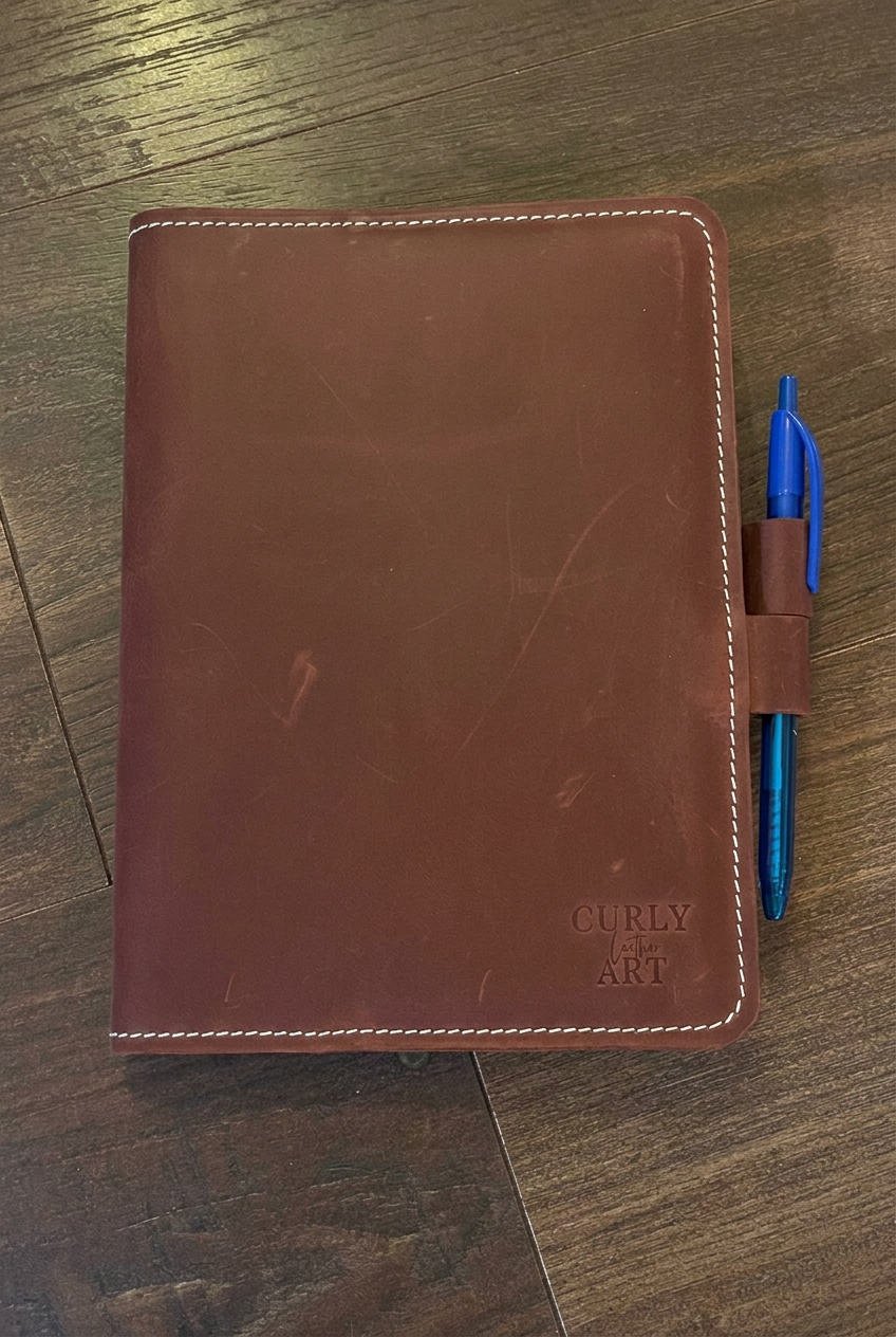 Braune Notizbuchhülle aus Pull-Up-Leder A5 mit blauem Stift im Schlaufenverschluss