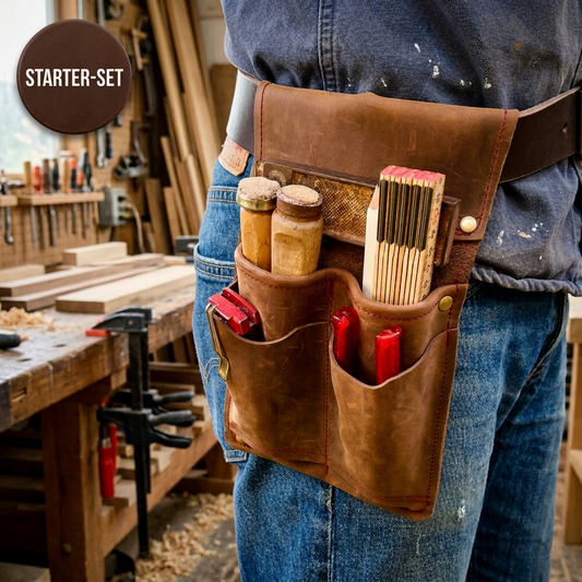 Brauner Ledergürtel mit gefüllter 4-Fächer-Werkzeugtasche ohne Hammerschlaufe, getragen in einer Werkstatt