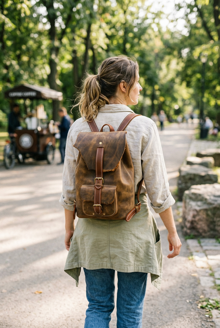 Frau trägt einen braunen Lederrucksack mit wilder Klappe