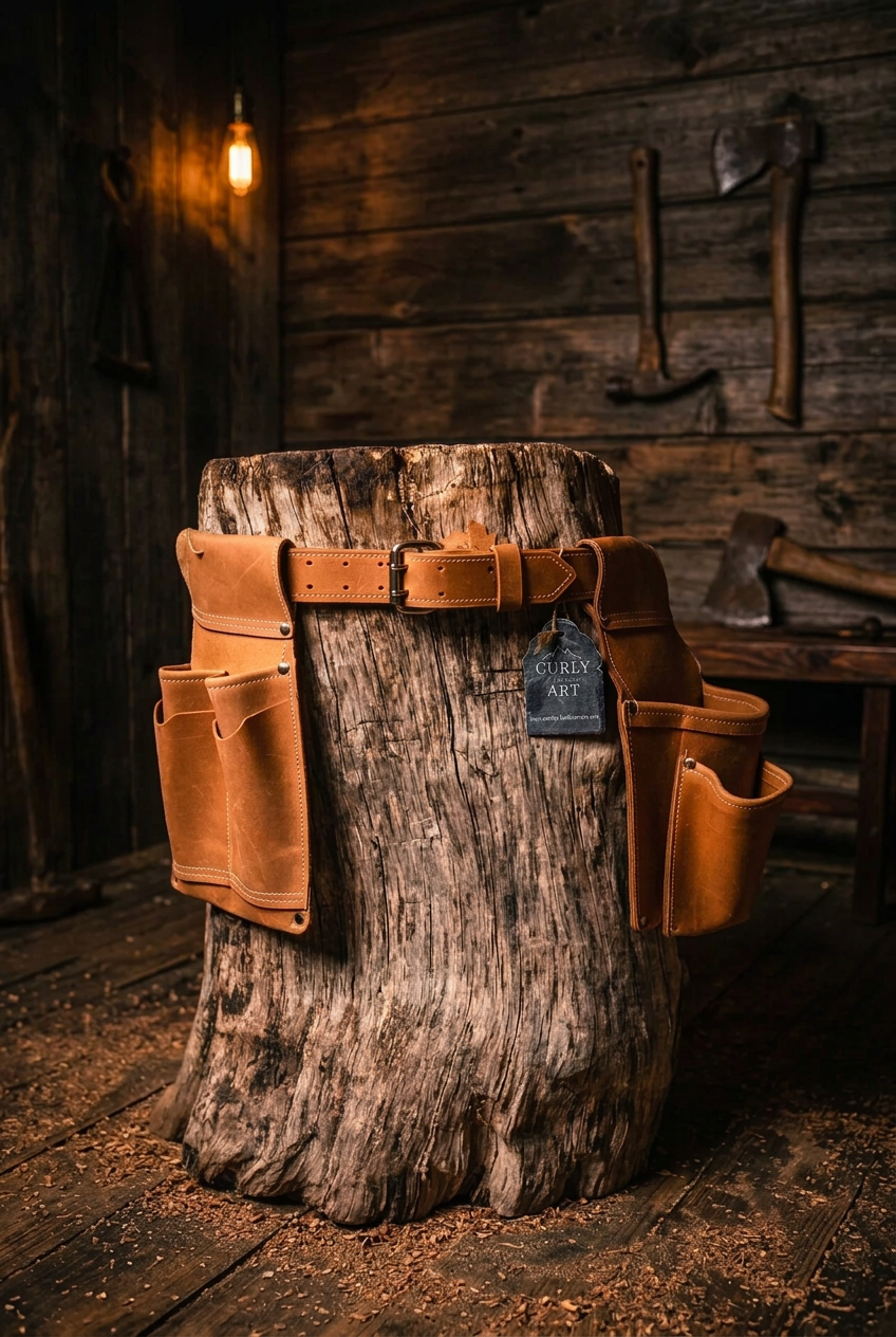 Dreiteiliges Werkzeuggürtel-Set aus braunem Leder mit Arbeitsgürtel, 4-Fächer-Werkzeugtasche und Schraubentasche an einem Baumstumpf