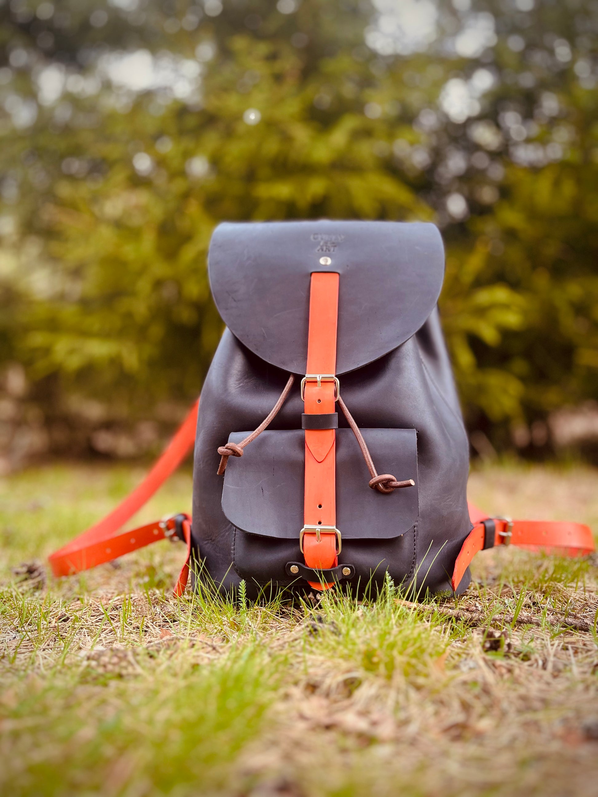 Dunkler Lederrucksack mit orangefarbenen Riemen und symmetrischer Verschlussklappe im Gras.
