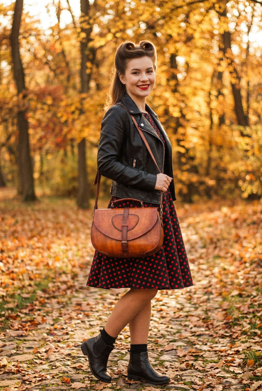 Frau trägt die cognacfarbene Ledertasche Skadi über der Schulter zu einem schwarzen Kleid im herbstlichen Wald.