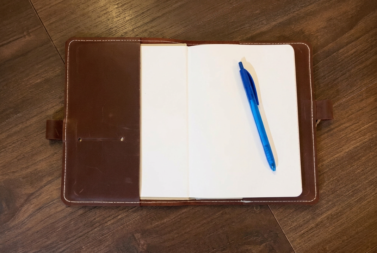 Geöffnete braune A5-Notizbuchhülle aus Leder mit Kartenschlitz, Notizbuch und blauem Stift