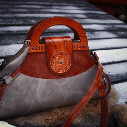 Handgefertigte Lederhandtasche "Freja" mit Vegvisir Design • Henkeltasche • Schultertasche