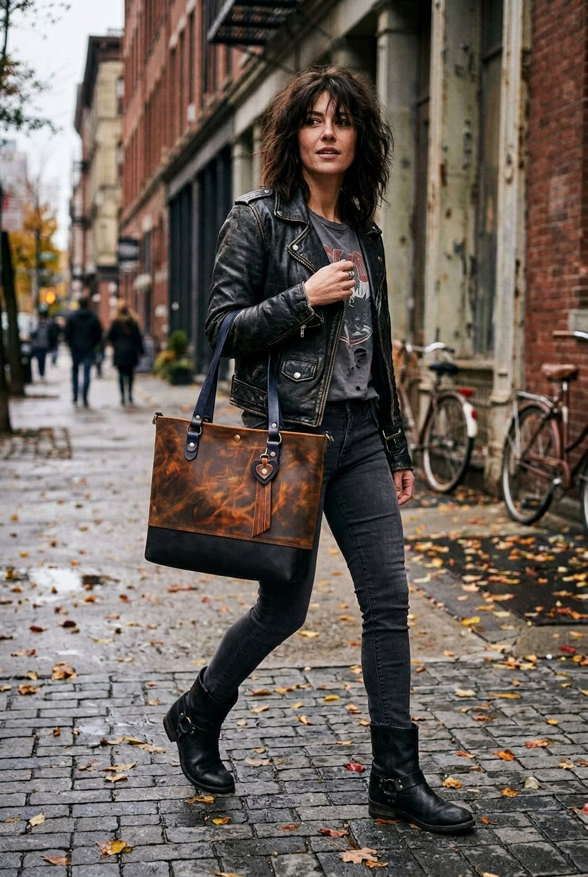 Leder-Shopper im Kontrastdesign – ohne Schultergurt
