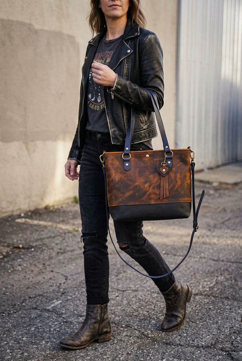 Leder-Shopper im Kontrastdesign mit Schultergurt