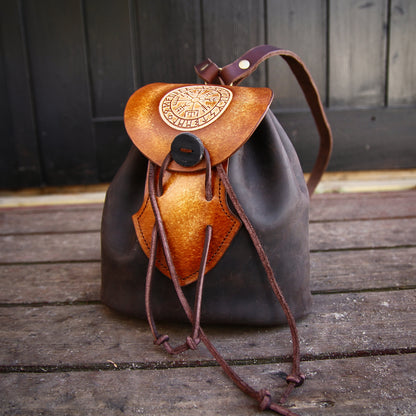 Small backpack, made of leather, Vegvisir, Celtic backpack