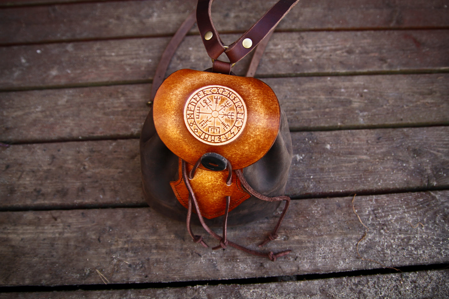 Small backpack, made of leather, Vegvisir, Celtic backpack