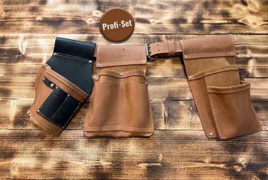 Vierteiliges Profi-Werkzeuggürtel-Set aus braunem Leder mit Arbeitsgürtel, 4-Fächer-Tasche, Schraubentasche und Akkuschrauberhalter