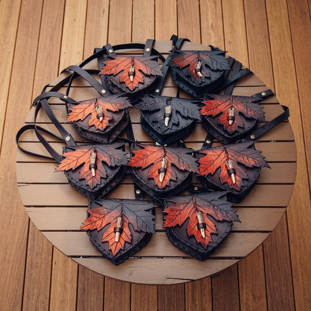 Zehn Ahornblatt Ledertaschen mit individuellen Farbverläufen auf einem runden Holztisch.