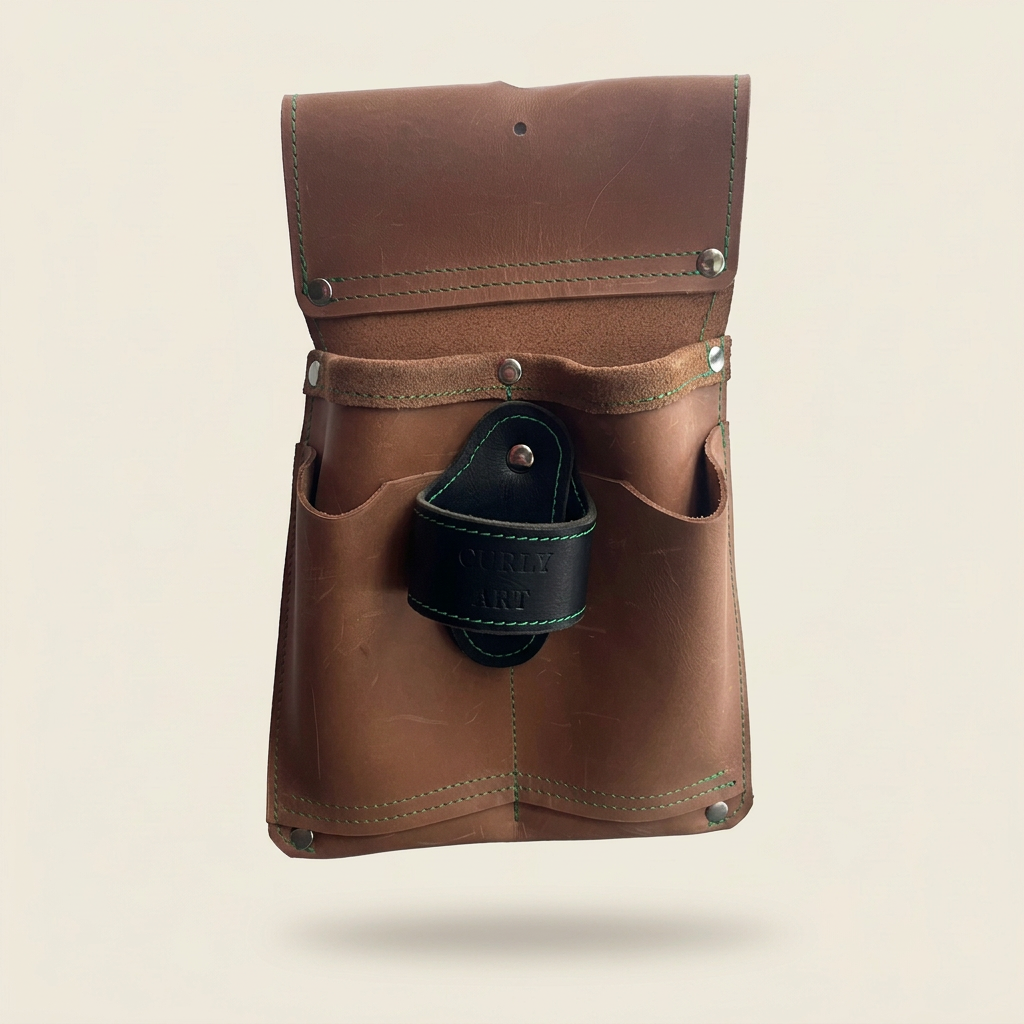 Braune Leder-Werkzeugtasche mit vier Fächern, grünen Nähten und schwarzer Hammerschlaufe
