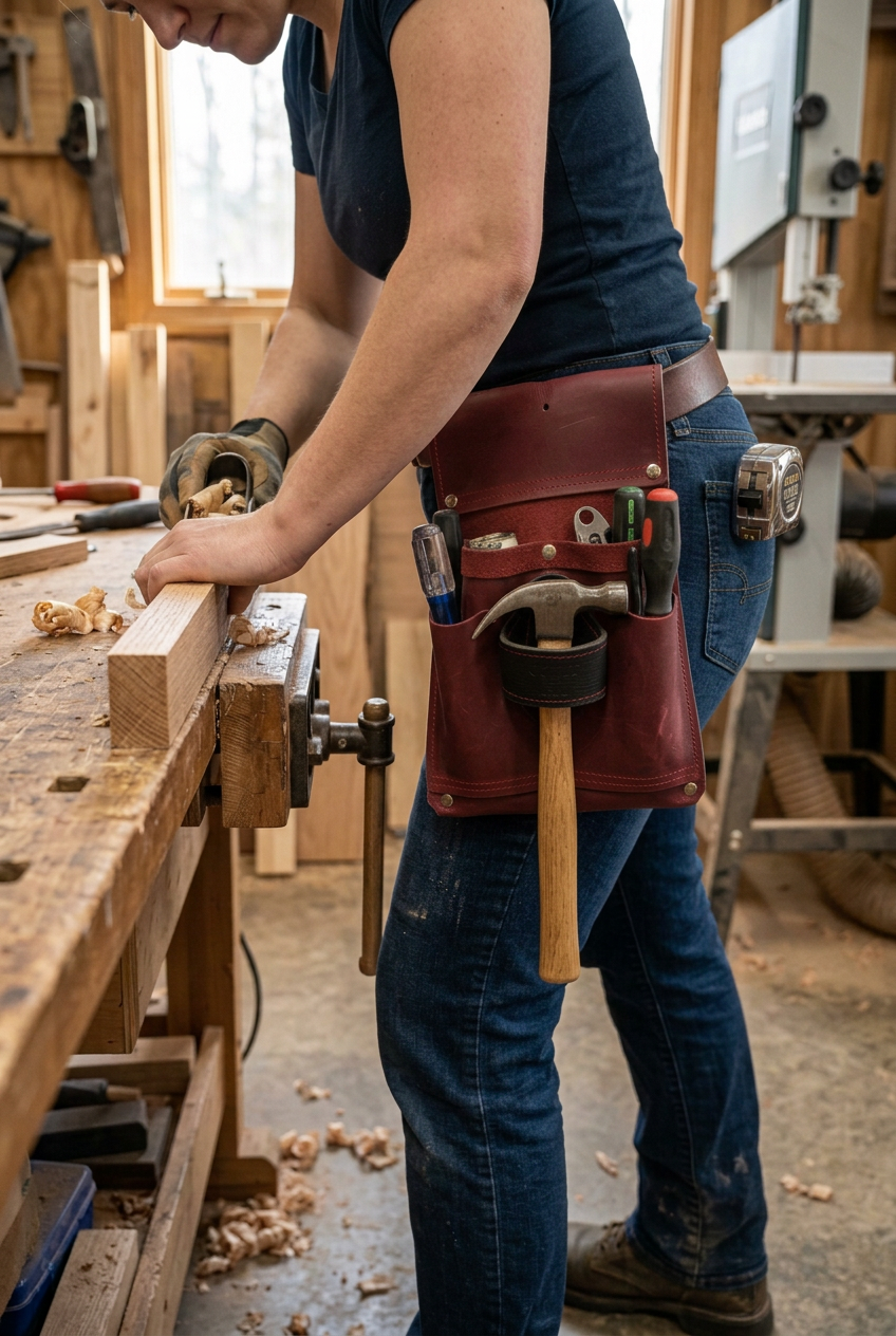 Person trägt eine weinrote Leder-Werkzeugtasche mit schwarzer Hammerschlaufe und Hammer bei der Arbeit an einer Holzwerkbank