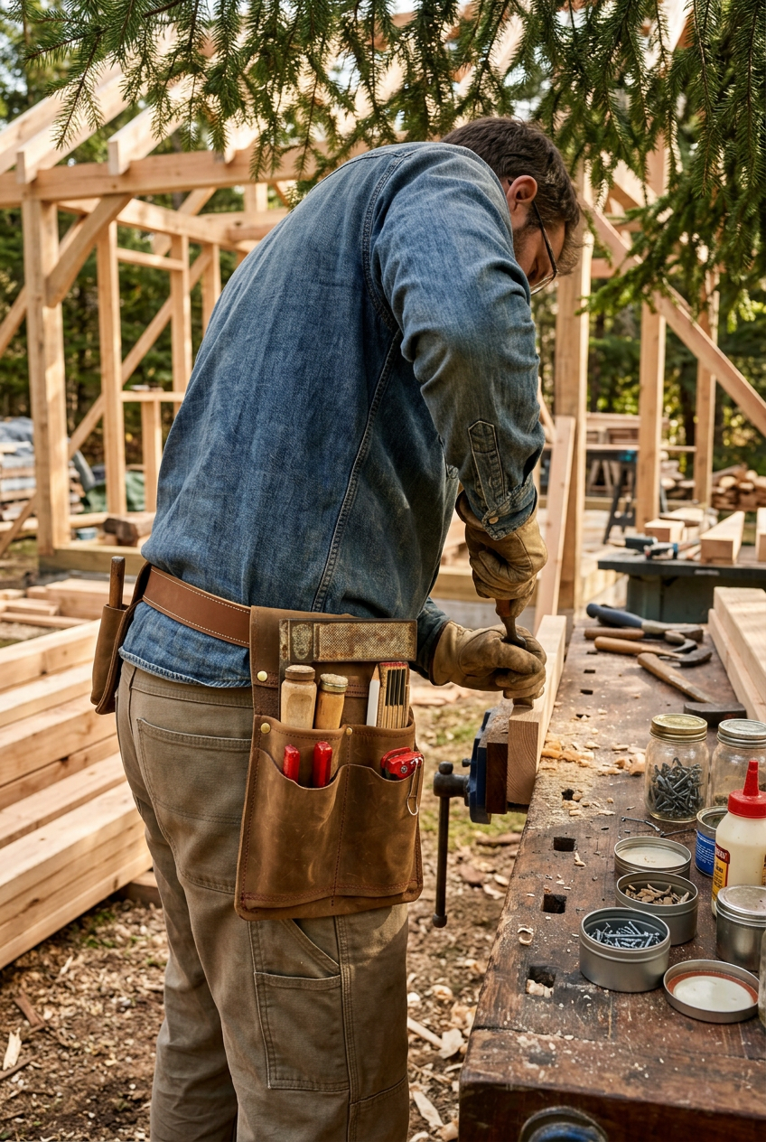 Handwerker trägt eine braune Leder-Werkzeugtasche mit gefüllten Fächern bei der Holzarbeit